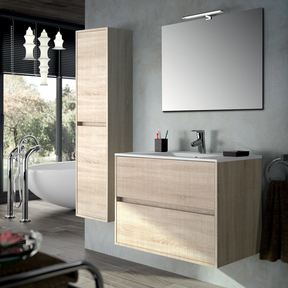 Segni E Disegni Accessori Bagno.Arredo Bagno Mobile Sospeso Moderno Legno 90 Lavabo Specchiera Lampada Colonna Ebay